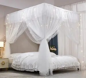 4 Corners  Ruffle Princess Bed Canopy Curtain-Double Layer Cozy Drape Netting 4 Opening Mosquito Net for Girls Adults Bedroom Decoration (White/White, 78" W*86" L*82"*H/())