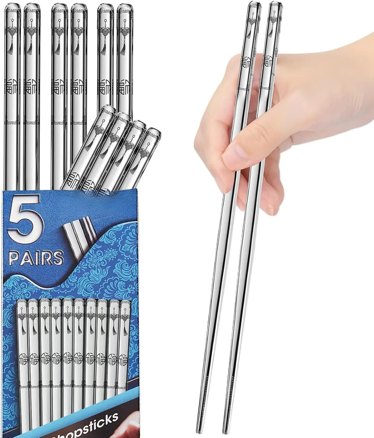 Stainless Steel Chopsticks - 5 Pairs  Metal Chopsticks Dishwasher Safe,  Chinese korean Chop sticks Set,Non-Slip Stainless Chop sticks,  Metal Chop sticks for Adults