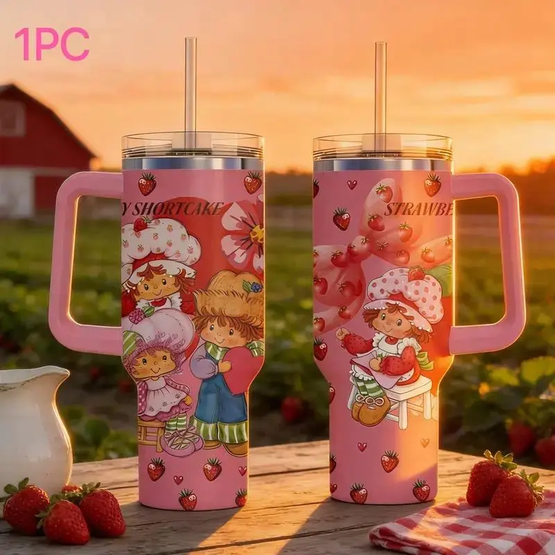 20oz-40oz Retro 80s Strawberry Rainbow Tumbler Set, Sturdy Double Wall Vacuum Insulated Stainless Steel Coffee Flasks with Handle & Straw, Trendy Collectible Kitchen Drinkware (Enhanced Insulation)