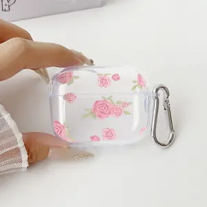 Blush Rose Reverie Pattern TPU Soft Protective Case for Apple AirPods 4/3/2/1/Pro/Pro2 Transparent Earphone Cover with Keychain Attachment