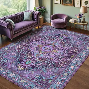 Washable Area Rugs Violet Purple with Vintage Orient Design, Soft Rug for Living Room or Bedroom, Non-Slip Low Pile Stain Resistance Features, Distressed Medallion Pattern