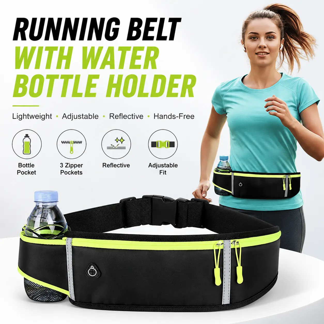 Unisex Snug Breathable Outdoor Waist Pack - Adjustable Reflective Running Belt with Water Bottle Holder, 3 Zippered Pockets for Running, Hiking