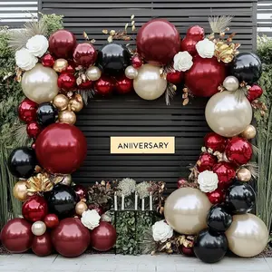 Burgundy Black Balloon Arch Kit Double Stuffed Maroon Dark Red Wine Pearl White Sand Gold Balloon Garland for Birthday Mothers Day Anniversary Graduation Hollywood Bridal Shower Party Decoration