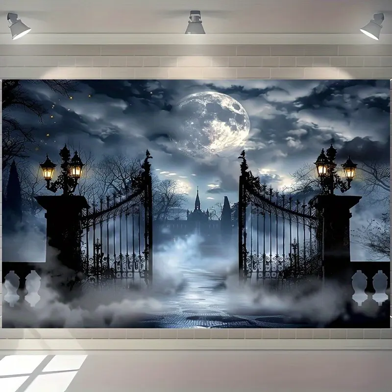 Retro Vintage French Country Garden Printed Tapestry Wall Hanging - Classic Glam Retro Gothic Castle Full Moon Foggy Cemetery Gate Theme, Polyester, No Electricity, Machine Washable, Family Halloween Home Decor Gift
