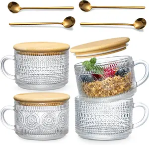Vintage 4pcs Coffee Mugs Set with Bamboo Lids and Spoons - 14oz Clear Embossed Glass Cups, Cute Accessories for Women - Perfect for Overnight Oats
