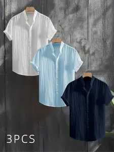 Men's Casual Short Sleeve Shirt Set, Menswear Top, Geometric Textured Fabric with Button Front, Breathable Summer Wear, Classic Collar Design, Fitted Style