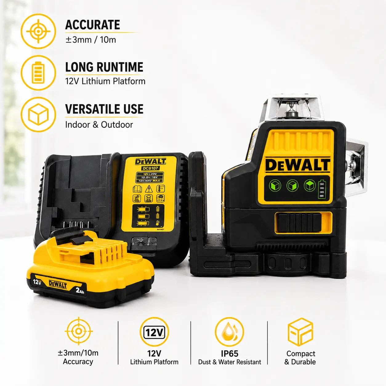 DEWALT DW089LG 12V MAX 12-Line Green Laser Level Kit, 3 x 360° Beams, Self-Leveling, Battery & Charger Included, for Indoor & Outdoor Layout