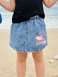 Vintage A-Line Denim Mini Skirt, Cartoon Girl Band Inspired, Light Blue Fabric with Member Prints, Slim Fit Knee Length Skirt