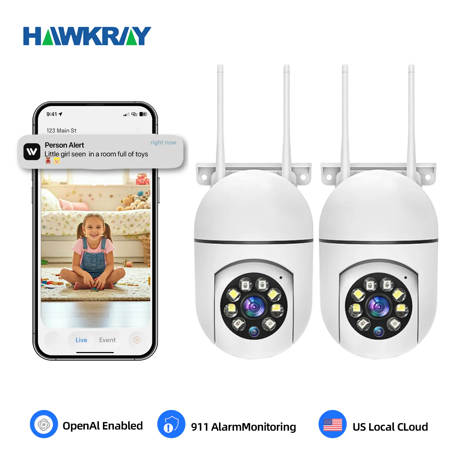 Hawkray Wireless WiFi Security Camera for Smartphones — Smart Remote Access, Full‑Color HD Night Vision, Two‑Way Audio, Motion Detection, Security System, Plug-in powered installation monitoring