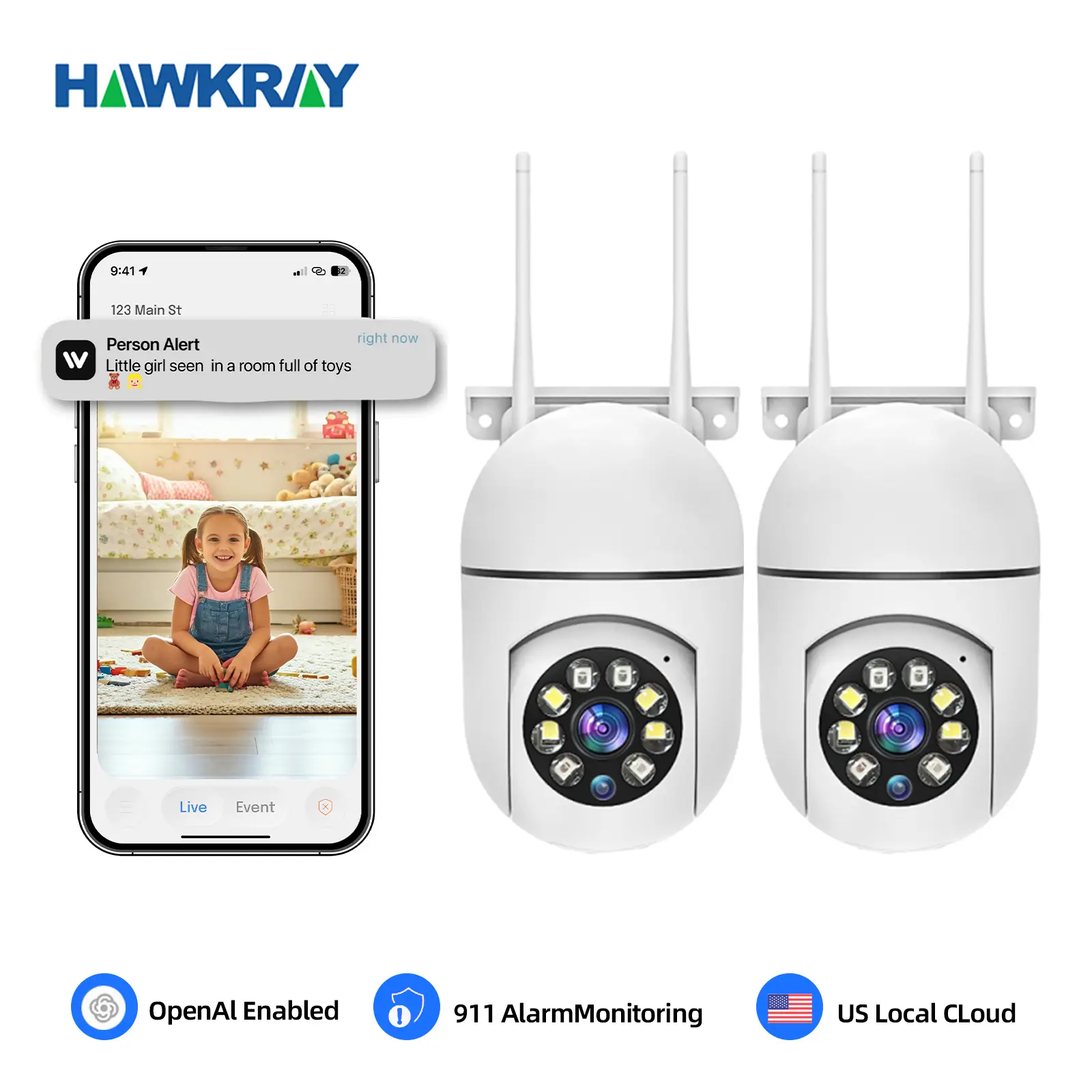 Hawkray AI Intelligent Surveillance Camera 911 Alarm Easy Install Quick Setup Full Color Night Vision Two Way Audio Motion Detection Security System O