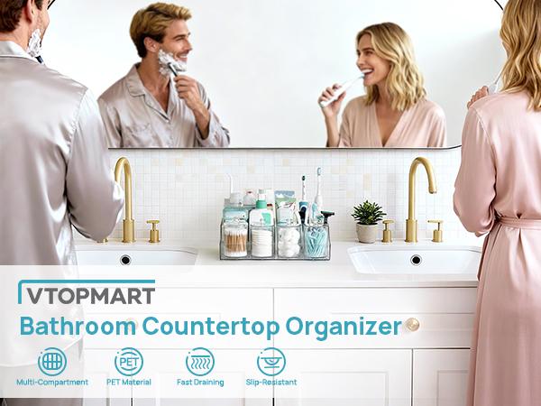 Vtopmart 6 PCS Bathroom Countertop Organizer, 1 Divided Tray with 4 Qtip Holder Jars and 1 Drawers, Restroom Clear Organizers for Toothbrush, Cotton Pads, Vanity Accessories Storage Set, DealsForYouDays (Mid Year Sale Restock), Home Decor, DFYD