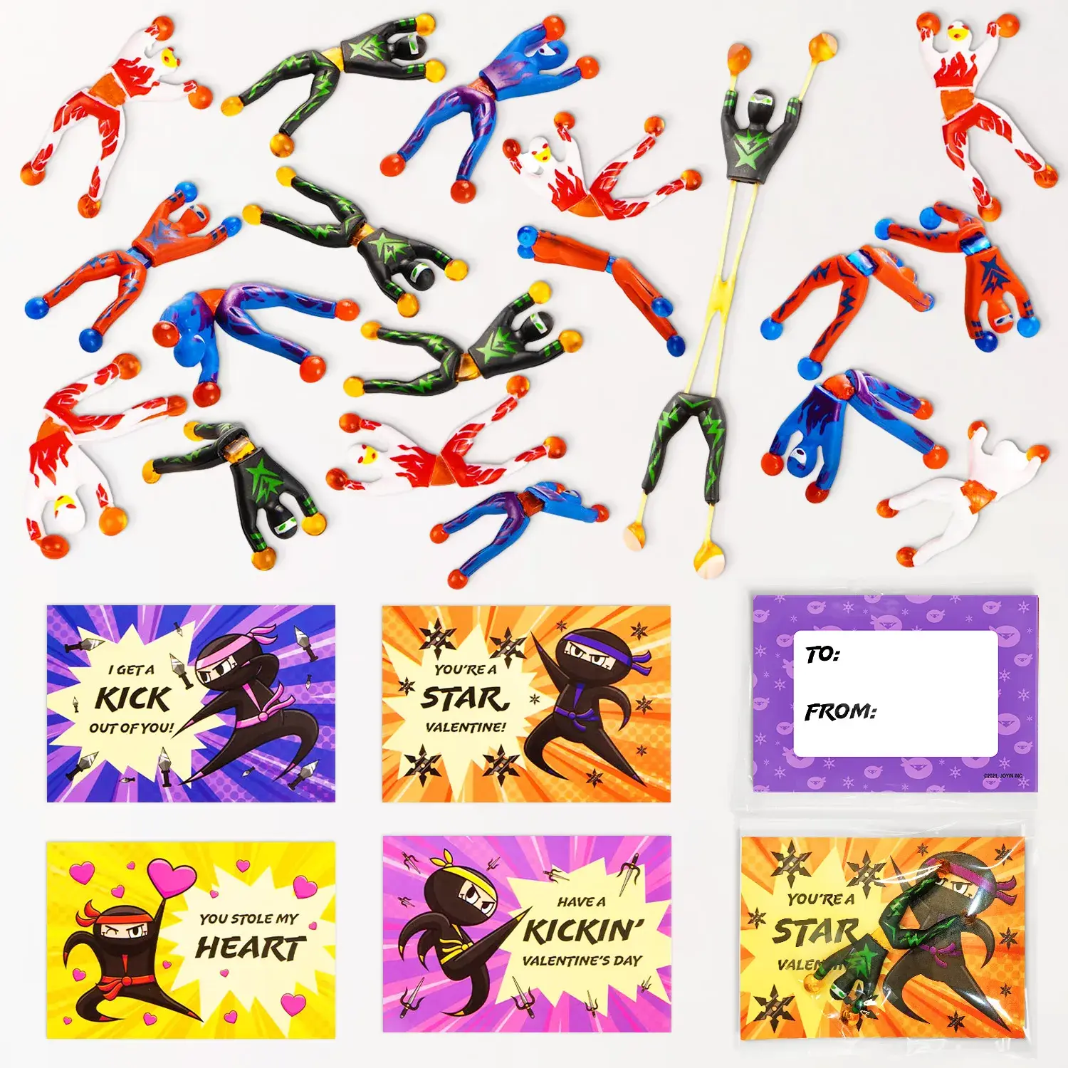 28Pcs Sticky Climbing Ninja with Kids Valentines Cards for Valentine Party Favors 2025 Valentine Exchange Cards 4 design &7 design