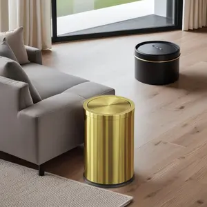 9L Gold Stainless Steel Trash Can - 360° Silent Flip - Top Lid, Rust-Proof Design, Compact Odor-Controlled Bin for Kitchen/Bathroom/Office, No-Noise Luxury Garbage Can with Fingerprint-Proof Cover & Invisible Garbage Bag Ring - Set
