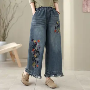 Vintage Ethnic Floral Embroidery Wide Leg Denim Pants with Fringe Hem