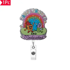 Colorful Pill Design Badge Holder, 1 Count Retractable Badge Reel, Acrylic Name Badge Clip for Nurse, Job, Volunteer, Office Worker
