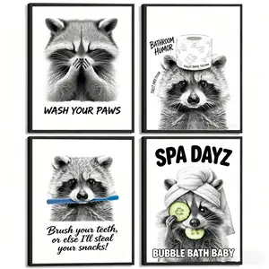 Modern Black-and-White Raccoon Bathroom Wall Art Poster, Funny Animal Canvas Print, Home Decor for Bathroom, Laundry Room