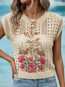 Summer Round Neck Casual Elegant Commuter Top, Floral Print Hollow Out Knit, Vacation Style Long Sleeve Slim-Fitting Outer Vest, Knitwear Womenswear