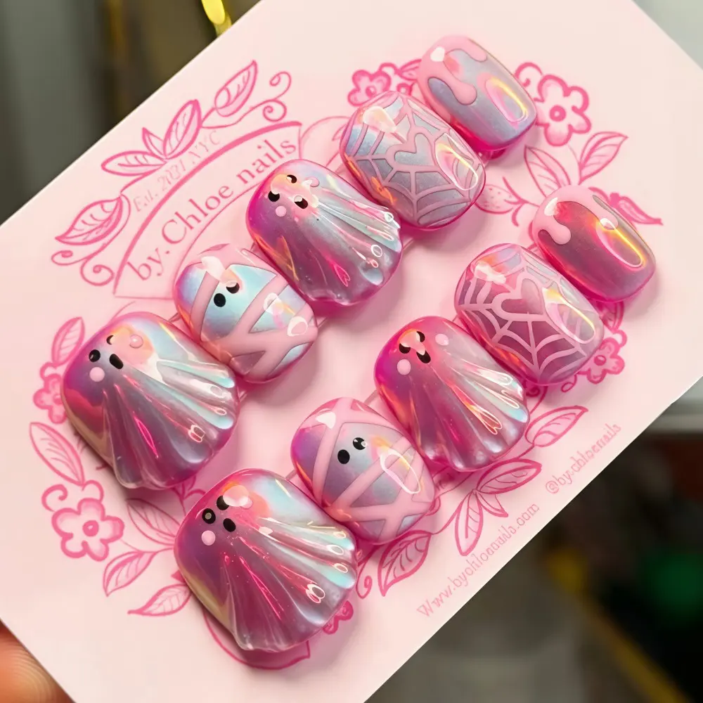 Halloween Cute Ghost Cat Eye Press On Nails Sweet Girl Heart Spider Web Pink Dripping Venom Fake Nail Tips