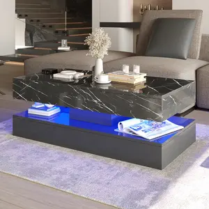 47.2IN LED Coffee Table with 2 Storage Drawers, Modern High Gloss Coffee Table with APP Control LED Lights, 2 Tiers Rectangle Center Table for Living Room with Marbling Print, Black/White