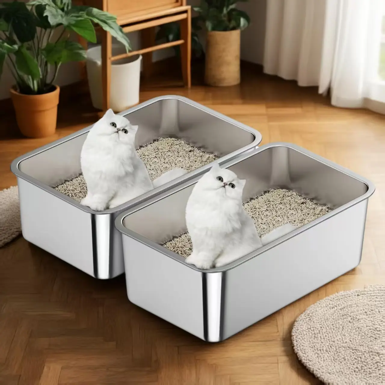 1-2 Pack Long Lasting Odorless Litter Box Stainless Steel Cat Litter Box for Cats Easy Clean Non-Stick Design Odorless Spill Proof Cat Toilet Pet Products Litter Pan Litterbox