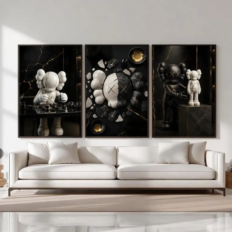 Luxury Kaws Wall Art Poster Print Unframed Set Of 3, Kintsugi Hypebeast Room Decor, Black and White Kaws Posters, Kaws Figures Print Set,Modern Art