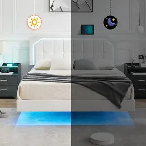 Queen Size Floating Bed Frame with RGB LED Headboard  Queen Bed Frame with Adjustable Height Headboard  Upholstered Platform Metal Bed Frame  Easy Assembly  No Box Spring Needed White