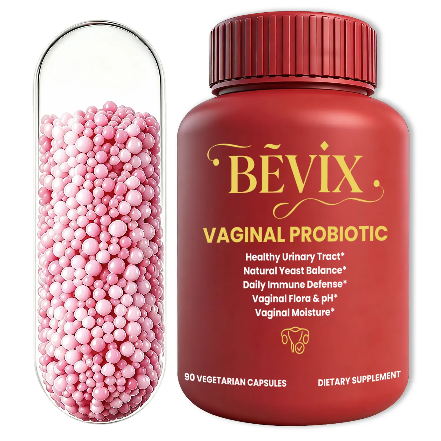 BEVIX Women's Probiotic Supplement, 8B CFU, 4 Lactobacillus Strains, D-Mannose, Cranberry, GOS Prebiotics, 9-in-1 Mushroom Complex for Feminine Wellness, 90 Capsules