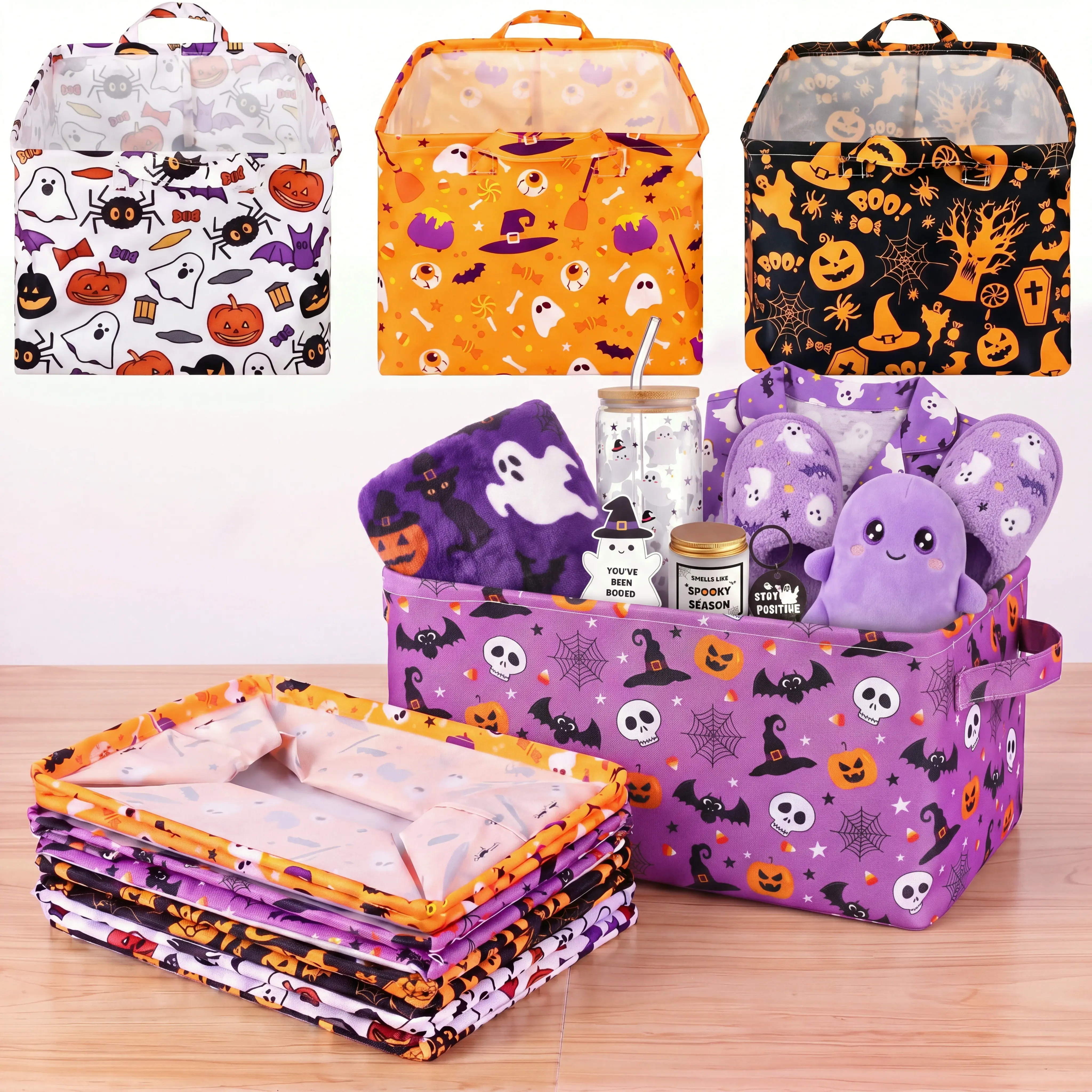 Halloween Large Boo Basket with Handles, Collapsible Bulk Storage Basket for Trick or Treat Gifts, Shelf Organizer, Laundry Bin, Home Decor