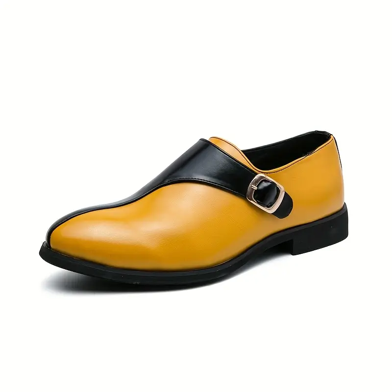 Elegant Men's Yellow & Black Slip-On Loafer Footwear - Rubber Sole, Non-Slip, Buckle Detail, Comfortable Dress Shoes for Business Formal Occasions