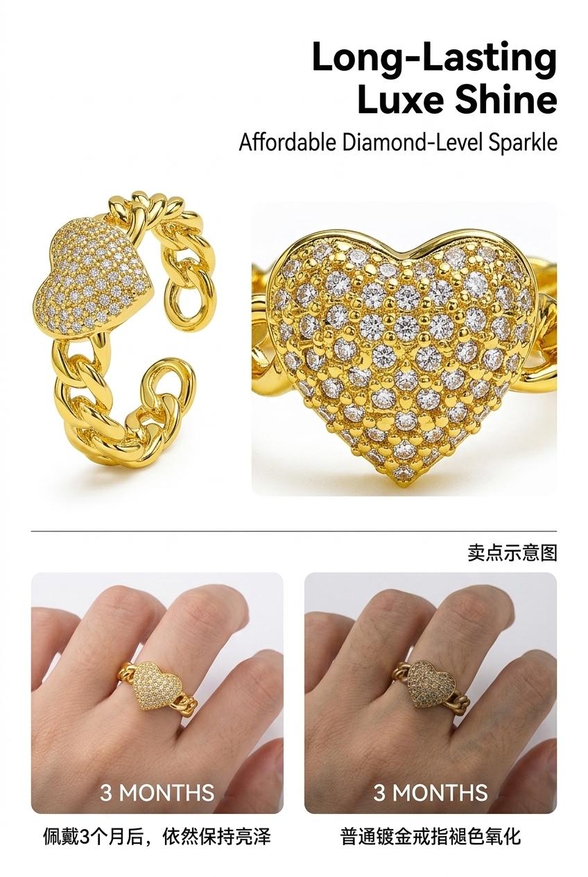 Exquisite Micro Paved CZ Heart Ring, Gold Plated Non Tarnish Adjustable Open Ring, Elegant Statement Ring for Dating & Daily Wear