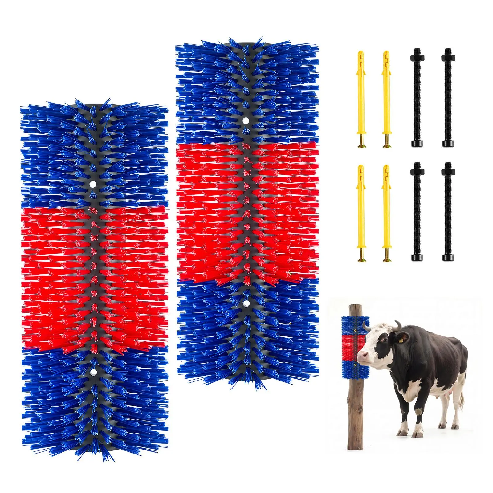 【SummerFinds】VEVOR Livestock Scratching Brush, 2PCS Goat Scratcher Brush Post with 8 Screws, 16.9" x 7.5" Cow Scratcher for Back Itch Relief, Massage Grooming Scratch Tool for Horse Cattle Sheep Pig, Blue & Red