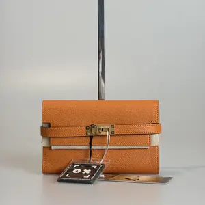 Pre-owned HERMÈS Chevre Mysore Wallet Kelly Orange Gold Tone Hardware 93753671