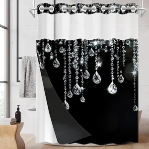 1PC/4PCS 2D Flat Printing Crystal Pendants on Black Background Patterned shower curtain, home bathroom decor, Bathroom Accessory, shower curtain set with 12 hooks, non-slip bathroom rug, U-shaped toilet seat cover, toilet seat mat, Shower Curtain Rod