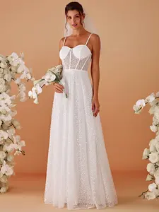 Ever-Pretty  dress White Lace Tulle Maxi Dress – Strapless Backless Bride Dress, Bridesmaid Dress, Elegant Wedding Gown with Spaghetti Straps 0063