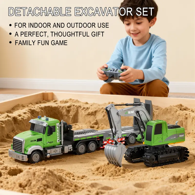 Egofuntoy 1:12 RC Semi Truck & Excavator Backhoe Car Toy Set - ABS Plastic, 2.4GHz 11-Channel Remote Control Vehicle, Removable Rechargeable Flatbed Trailer with Lights & Sound, Auto-Demo Mode, Cool Christmas Gifts for 8-10Y Boys, Kid Stuff for Boys