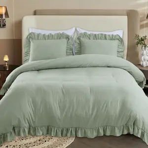 Vintage French Country Ruffle Fringe Duvet Cover Set – Soft Microfiber, Shabby Chic Farmhouse Bedding, 3-Piece with 1 Duvet Cover & 2 /1Pillowcases, Breathable & Durable