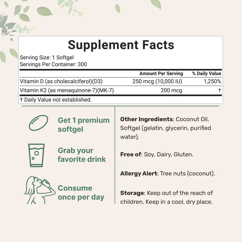 Micro Ingredients Vitamin D3 K2 Supplement Softgels 1