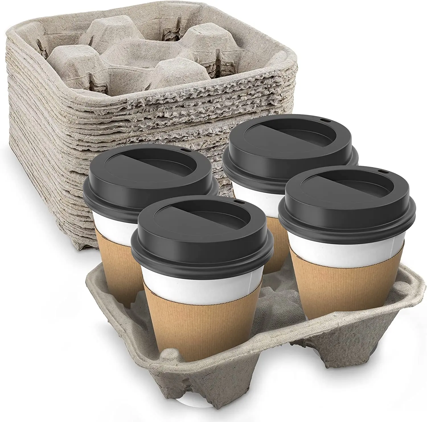 MT Products Molded Pulp Fiber Drink Carriers - 4-Slot Disposable Cup Holders, Sturdy Biodegradable Lightweight for Hot and Cold Beverages, 8-32 oz Capacity, 25 Pieces for Parties & Groceries