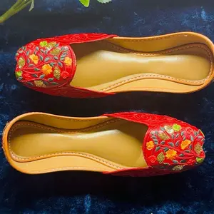 Handmade Red Punjabi Jutti - Embroidered Floral Khussa Flats for Women - Ethnic Indian/Pakistani Wedding & Party Wear Shoes Footwear
