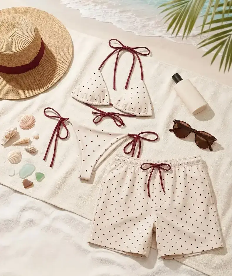 Romantic Red Polka Dot Matching Couple Swimwear Set | Women's Panther Print Tie-Side Bikini & Men's Beach Shorts