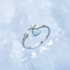 Elegant 925 Sterling Silver Shell Starfish Adjustable Charm Ring (Size 7-8)