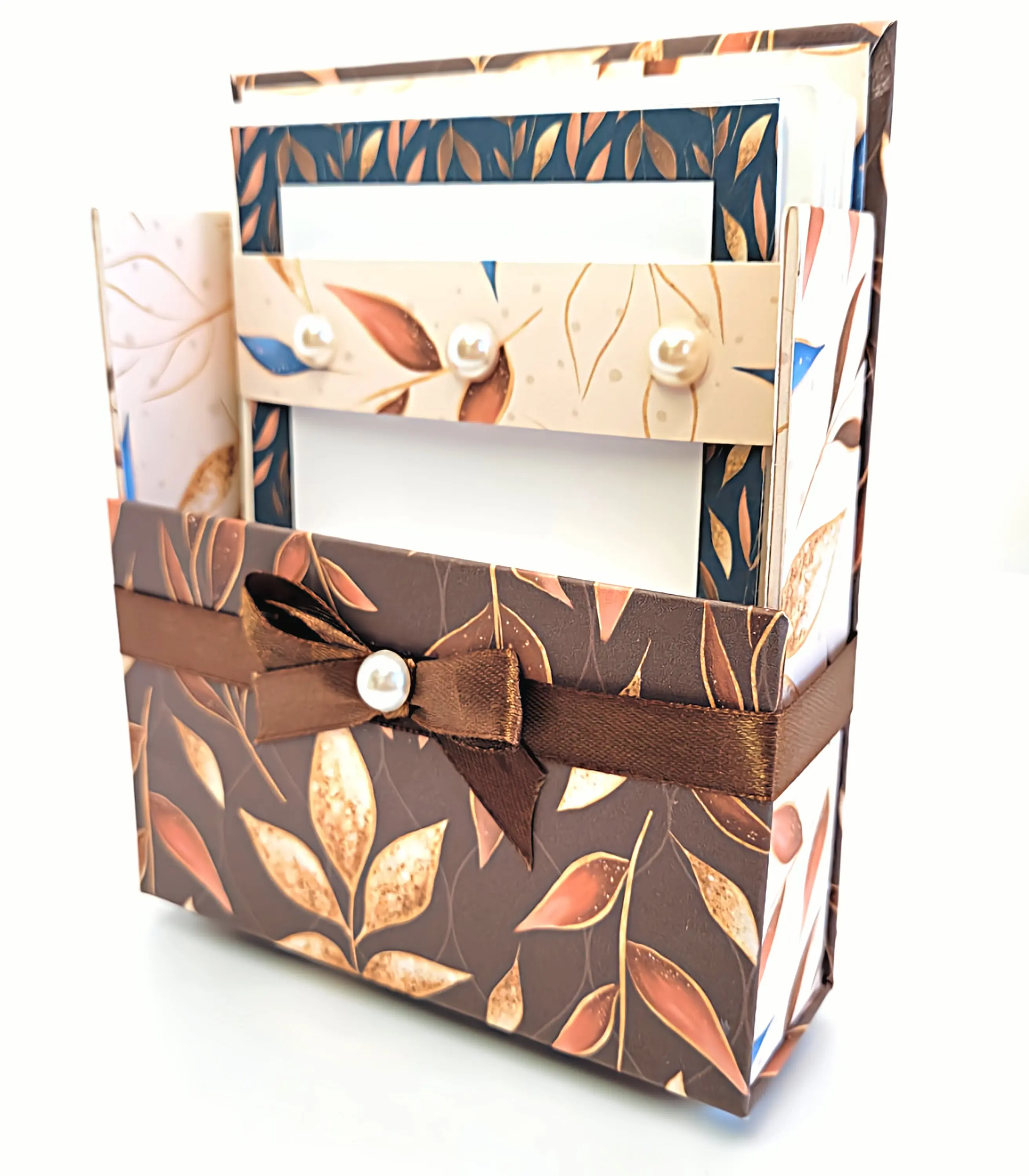 Chic Brico 42-Pc Stationery Gift Box Set w/Reusable Desktop Organizer Box and Gold Pen - Blue, Brown & Gold Leaves