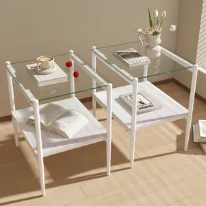 Set of 2 Rectangle End Tables with Tempered Glass Top and MDF Layer, Modern Clear Glass Side Table for Living Room, Small Accent Table for Couch, Coffee Table Alternative, 2-Pack, Living Room Table for Sofa Side, Bedroom, Office