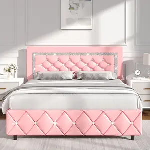 【karlanu3's Exclusive Live Link】Upholstered Diamond Bed Frame, with Diamond Tufted Headboard, Faux Leather, Wooden Slats Support, No Box Spring Needed, Easy Assembly