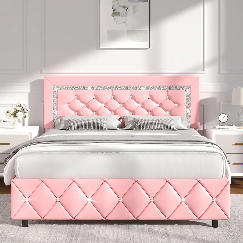 【Live Only】Upholstered Diamond Bed Frame, with Diamond Tufted Headboard, Faux Leather, Wooden Slats Support, No Box Spring Needed, Easy Assembly