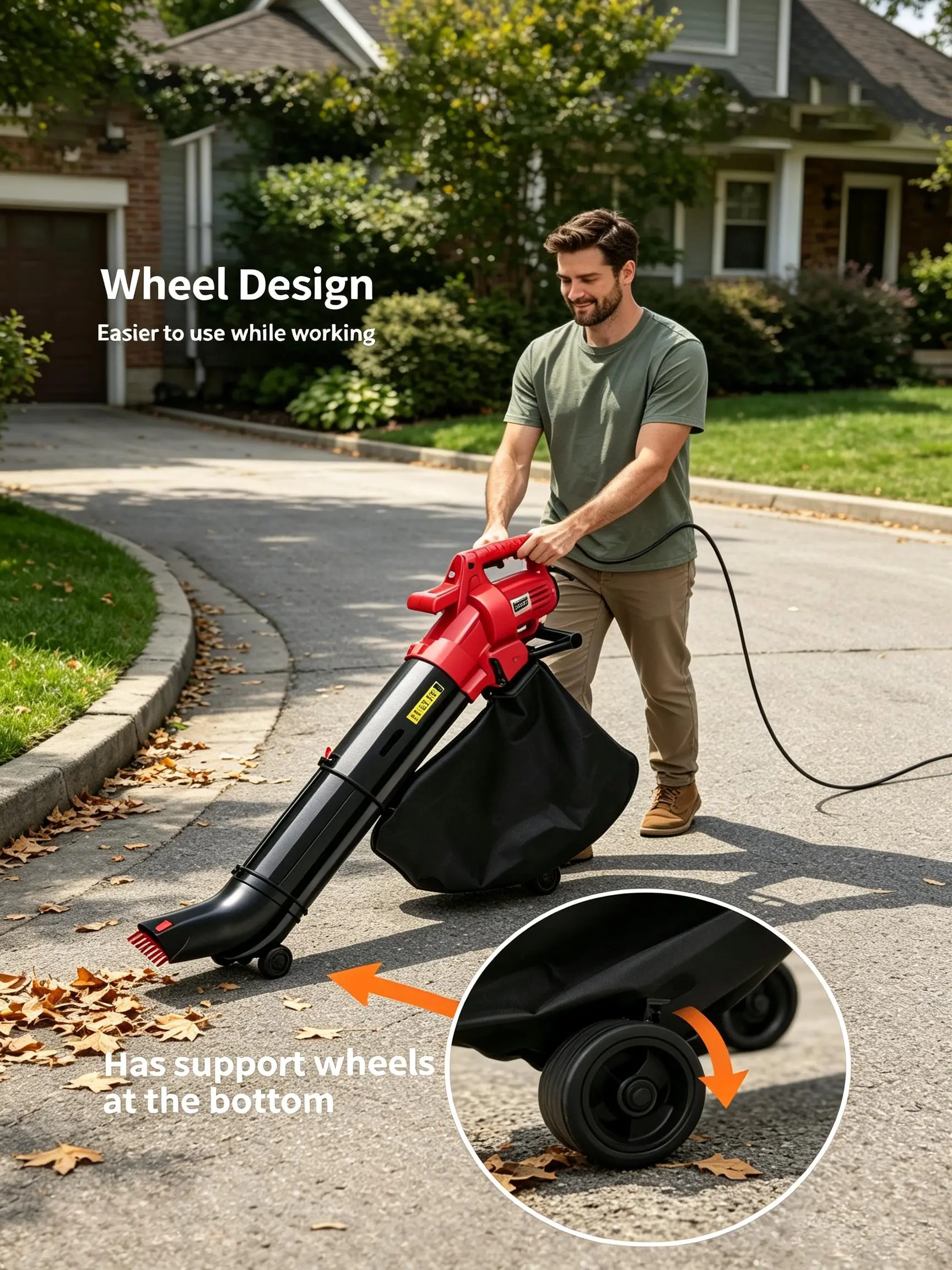 3-in-1 Electric Leaf Blower Vacuum With Scraper , 10M(32.8FT)Corded,  Blows, vacuums,  leaves with 460 CFM airflow and 40L bag for gardens, yards, and walkways.