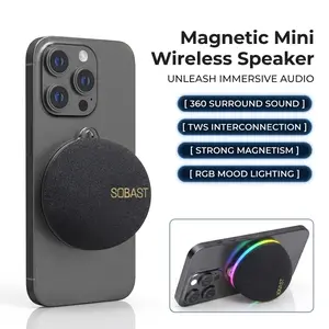 SOBAST Mini Magnetic Bluetooth Speaker, TWS Stereo Pairing, 360° Surround Sound, LED Light, USB-C Charging, Portable with Strap & Stand for Outdoor & Home music player phone