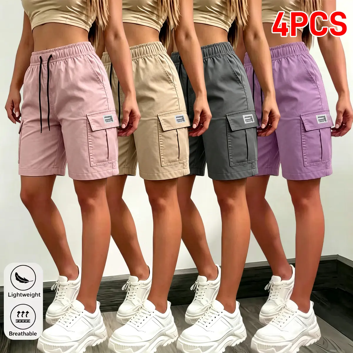 4-Pack Summer Women’s Cargo Shorts — Street Style Cargo Straight-Leg Mid-Length Shorts with Pockets, Slimming Loose Fit; Suitable for Travel, Everyday Casual Wear, Sports, and Exercise