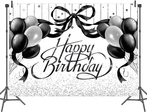 Black & Silver Luxury Birthday Backdrop – Glittery "Happy Birthday" Text, Balloons & Bows (Minimalist Style), Perfect for Upscale Birthday Parties & Sophisticated Decor, Brings Elegant Chic Vibe, Ideal Teen Girl Gifts , 2D Print