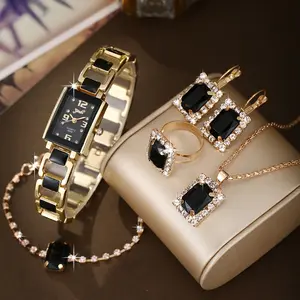 5pcs Black Square Rhinestone Jewelry Set + Fashionable And Versatile Retro Minimalist Quartz Watch, Elegant Ensemble | Retro Minimalist Watch | Zinc Alloy Watch, Watch Accessories